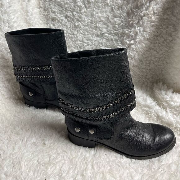 Nine West American Vintage Barstool ankle Boots Black Leather chain accent SZ8M - Picture 2 of 11